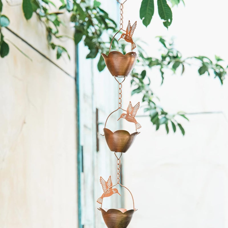 DUSVALLY 8.5 FT Rain Chains Decorative Iron Chain Bell with 12 Bird Rain Collector Cups Garden Decorative,8-1/2 Length - Image 1